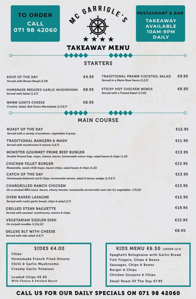 McGarrigles Menu - Discover Bundoran, County Donegal